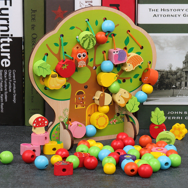 Wooden beaded building blocks for children aged 1 year, 1-3-6 years, and boys and girls.