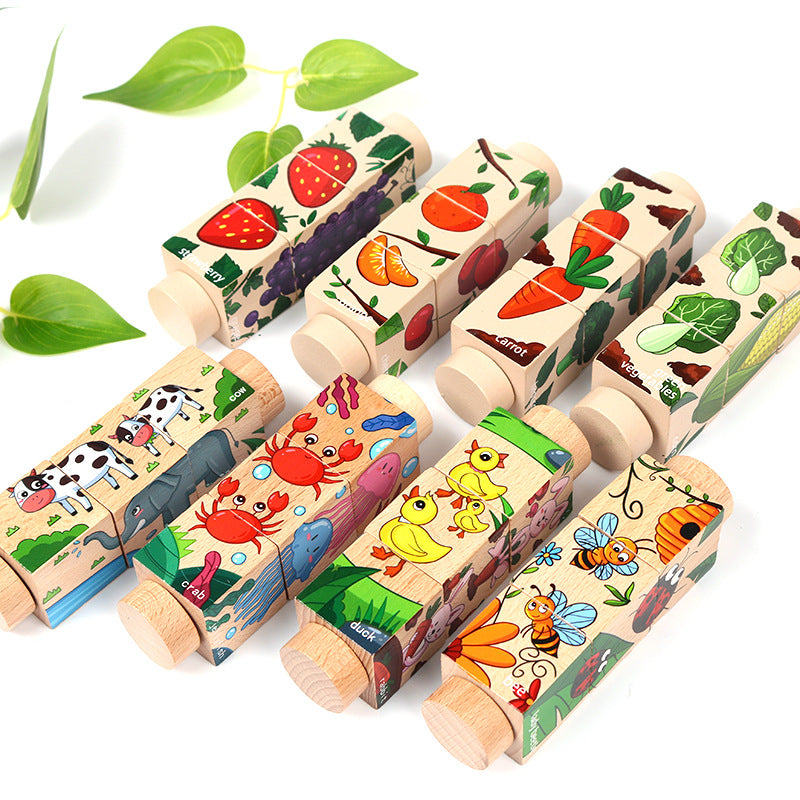 Cross-border beech wood toy rotating puzzle for toddlers, basic and simple animal, fruit and vegetable early education cognitive matching.