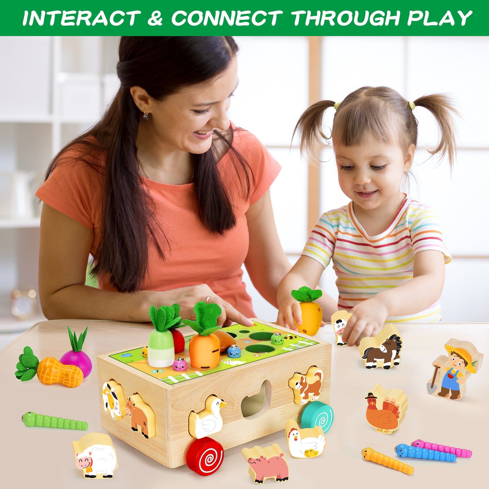 Children's educational toy building blocks, car, farm, radish pulling, insect catching, wooden shape matching box, 0-3-6 years old