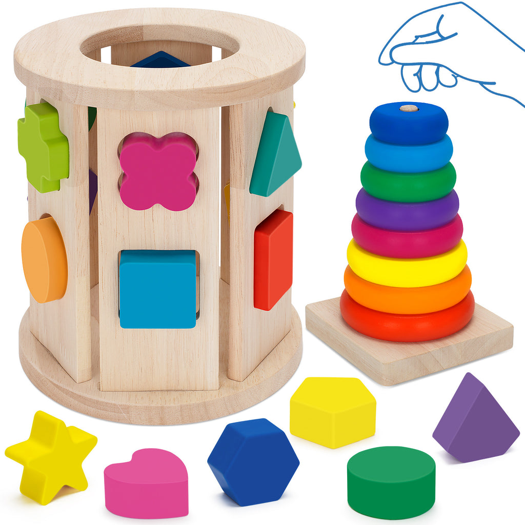 Children's wooden large-particle building block shape matching cylinder color recognition intelligence box stacking ring tower educational toy