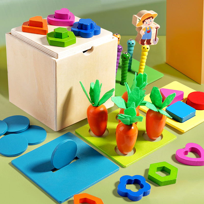 Children's wooden insect-catching game, carrot-pulling educational toy, storage multi-functional box, interlocking building blocks, shape matching