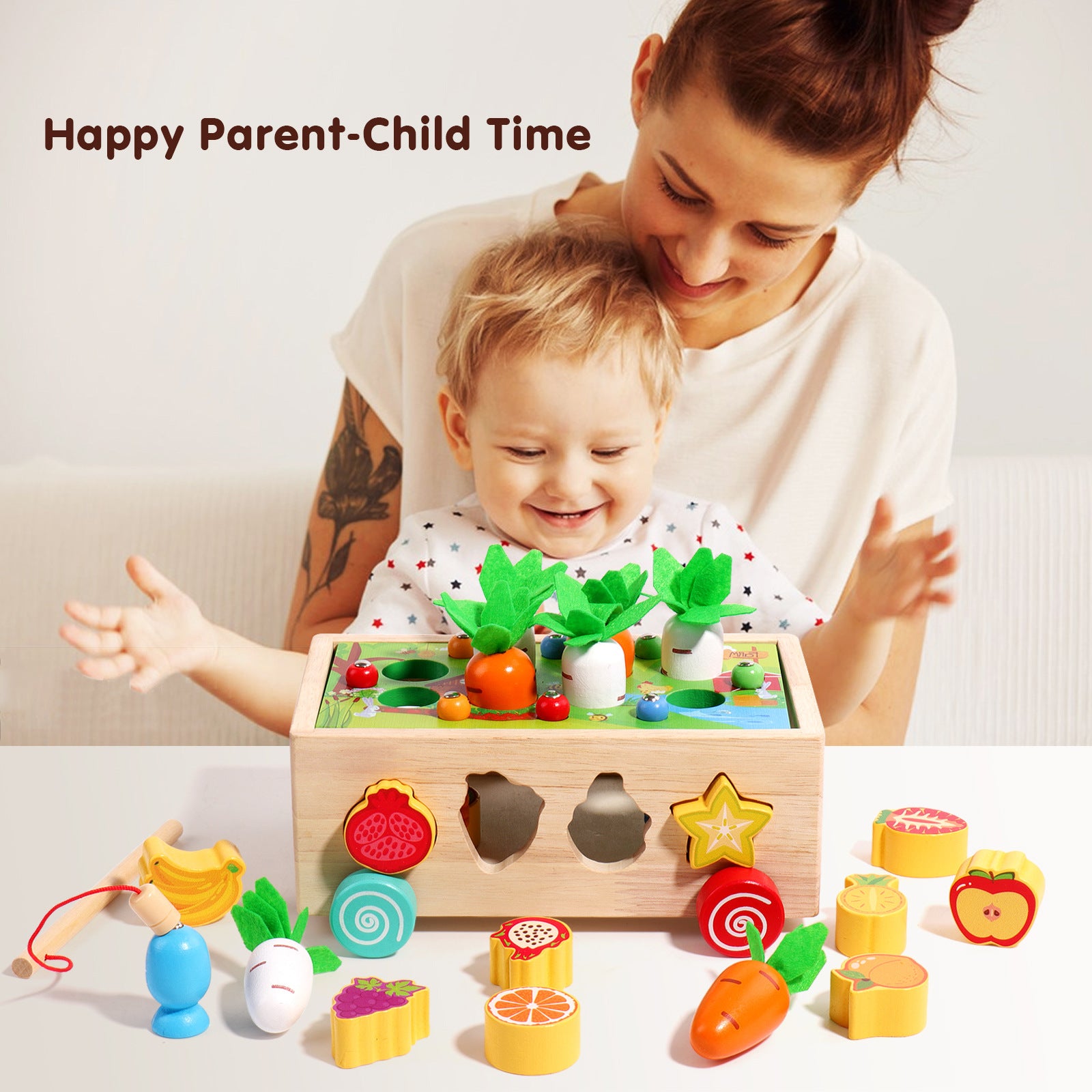 Children's educational toys: building blocks, radish pulling, fishing, insect catching, wooden shape matching box for ages 0-3-6