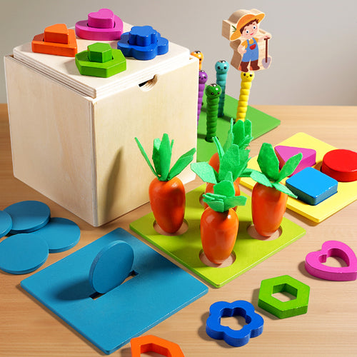 Children's wooden insect-catching game, carrot-pulling educational toy, storage multi-functional box, interlocking building blocks, shape matching