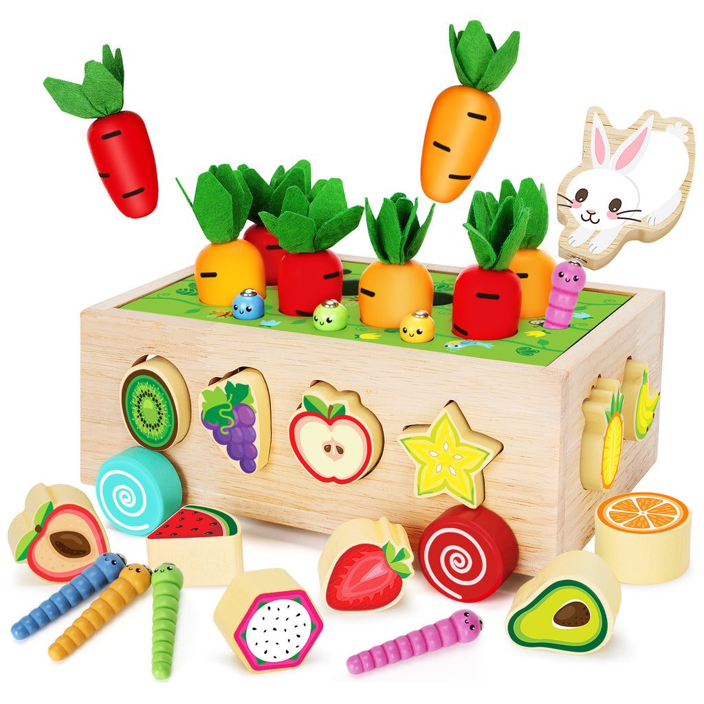 Children's wooden toys, baby educational building block car, fruit shape matching box, carrot pulling car, 1-3-6 years old