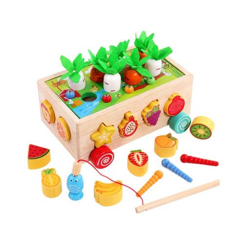 Children's educational toys: building blocks, radish pulling, fishing, insect catching, wooden shape matching box for ages 0-3-6