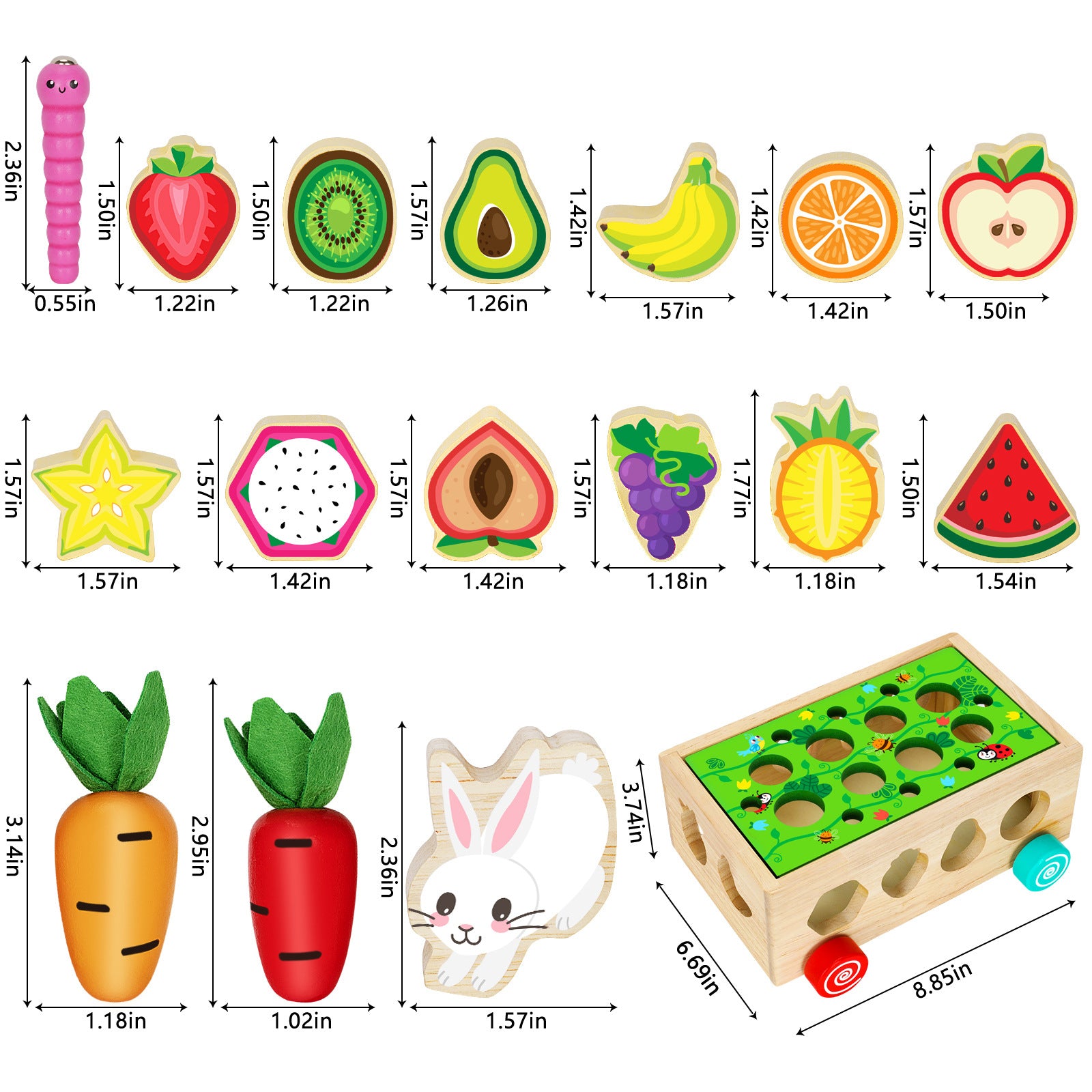 Children's wooden toys, baby educational building block car, fruit shape matching box, carrot pulling car, 1-3-6 years old
