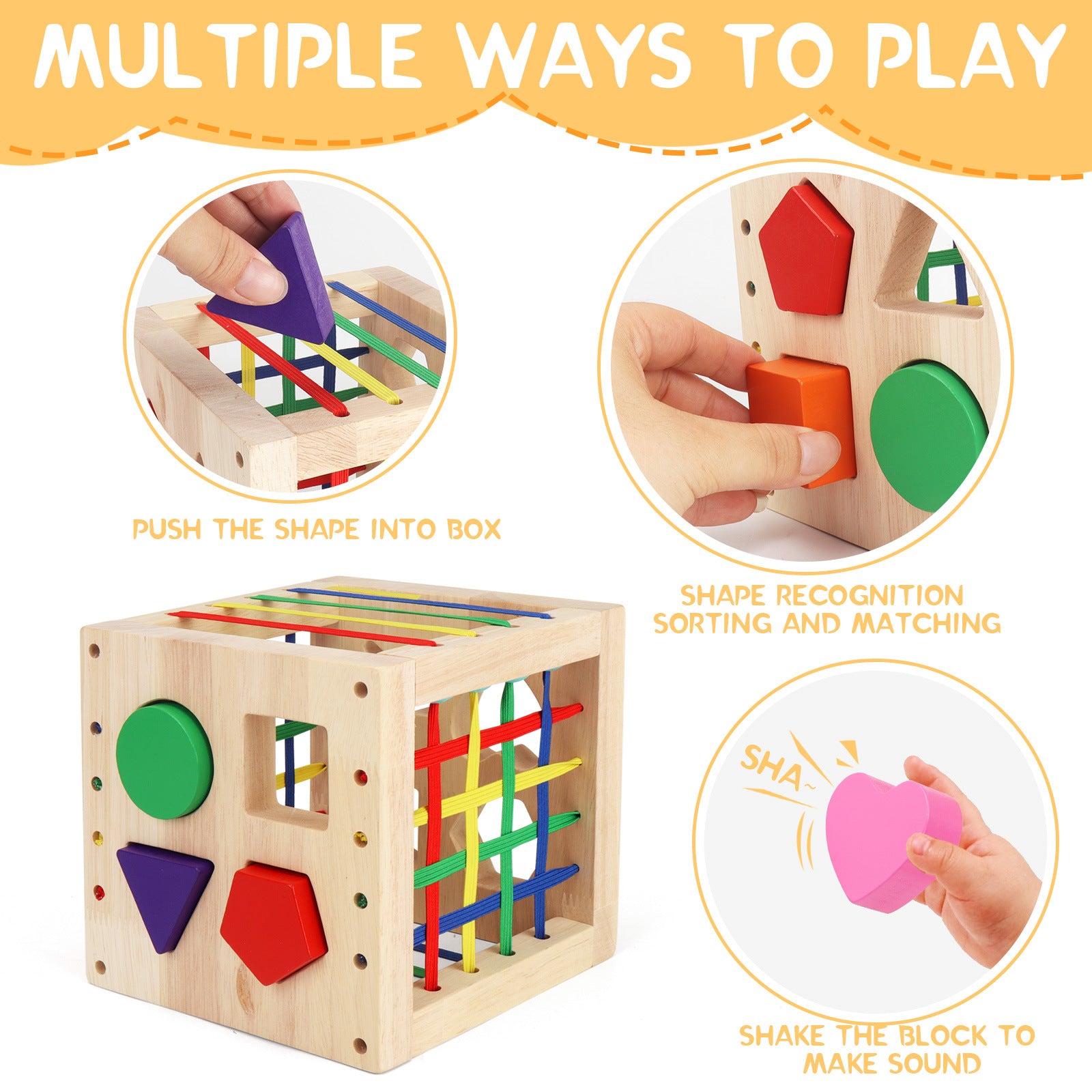 Wooden children's toy, early education, porous shape recognition, sound-making, shape matching box, intellectual development for children aged 0-3 years.