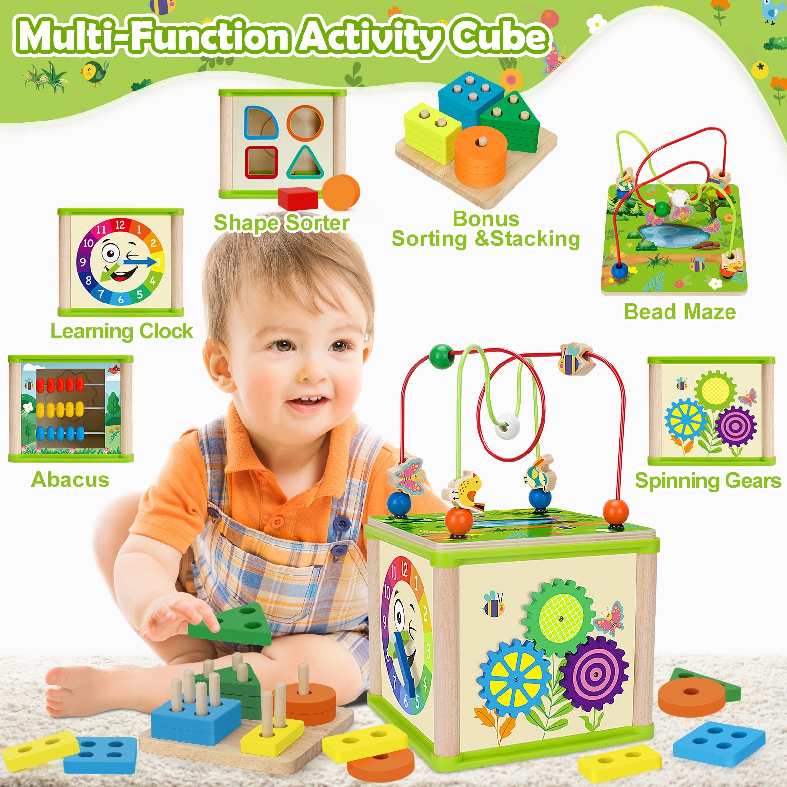 Infant and toddler bead maze toy, 0-3 years old, multi-functional educational toy box, Montessori early education baby building block stacking.