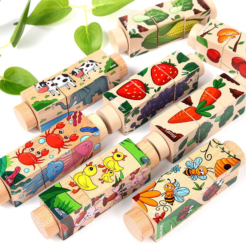 Cross-border beech wood toy rotating puzzle for toddlers, basic and simple animal, fruit and vegetable early education cognitive matching.