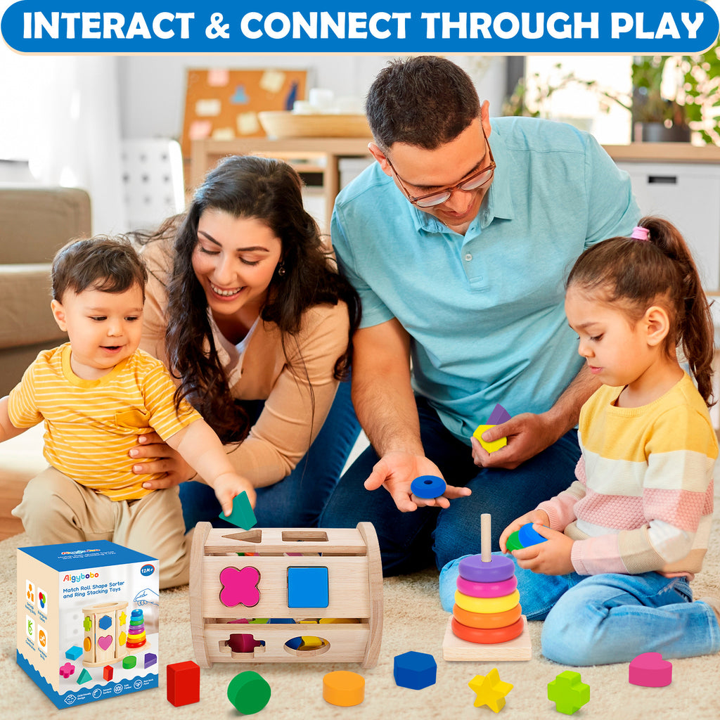 Children's wooden large-particle building block shape matching cylinder color recognition intelligence box stacking ring tower educational toy