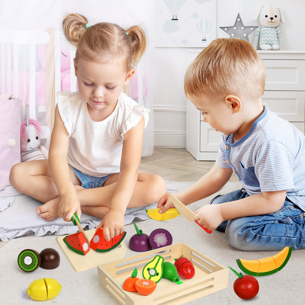 Wooden pretend play fruit and vegetable cutting game, simulated kitchen early education toy for children aged 0-3-6.
