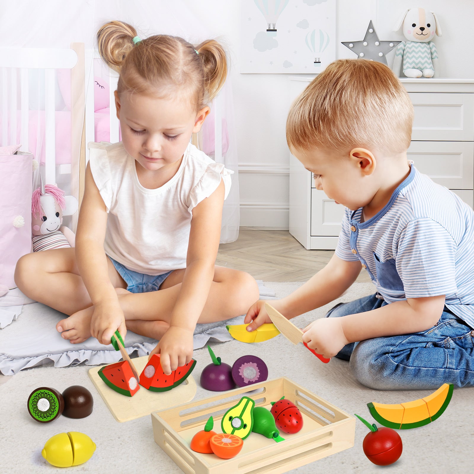Wooden pretend play fruit and vegetable cutting game, simulated kitchen early education toy for children aged 0-3-6.