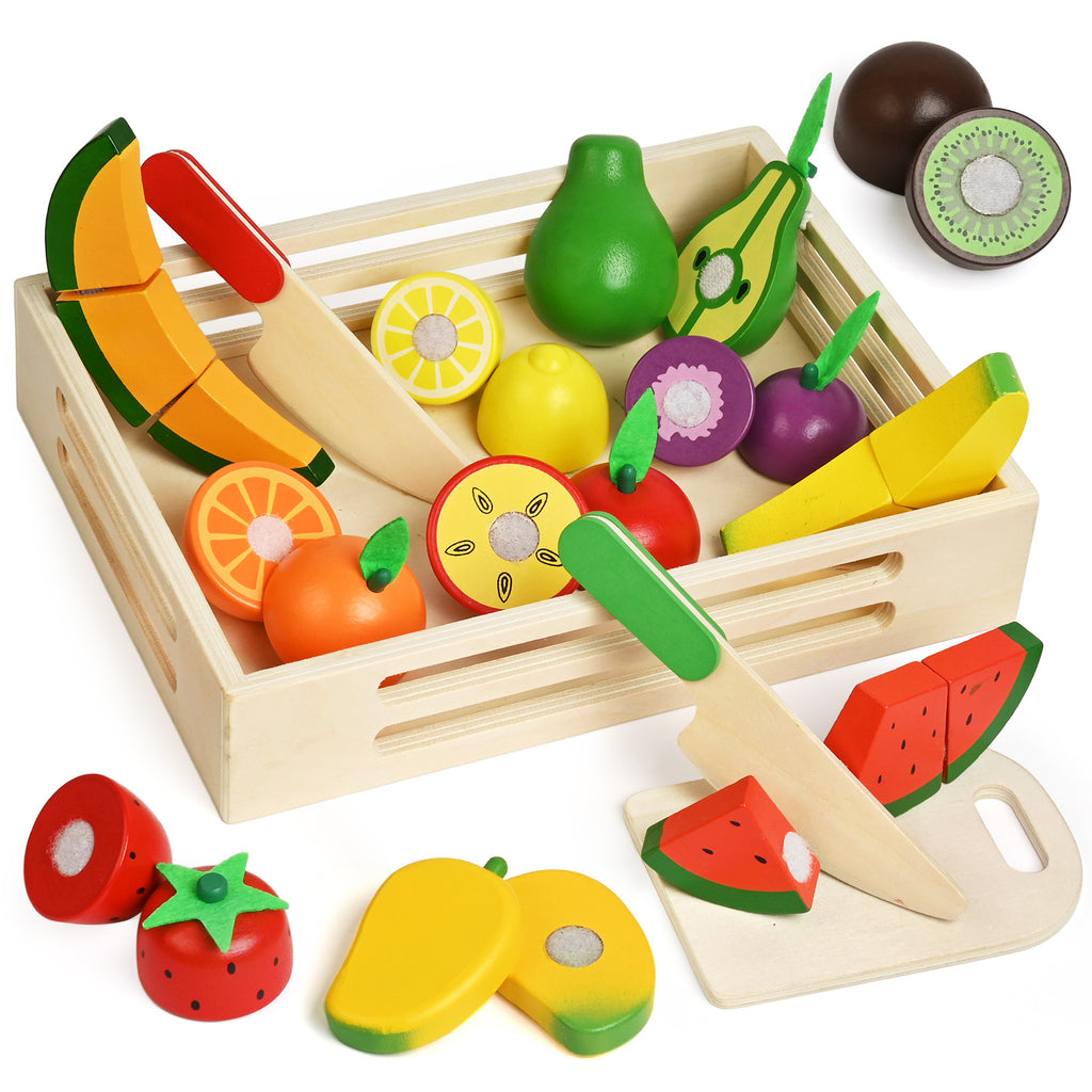 Wooden pretend play fruit and vegetable cutting game, simulated kitchen early education toy for children aged 0-3-6.