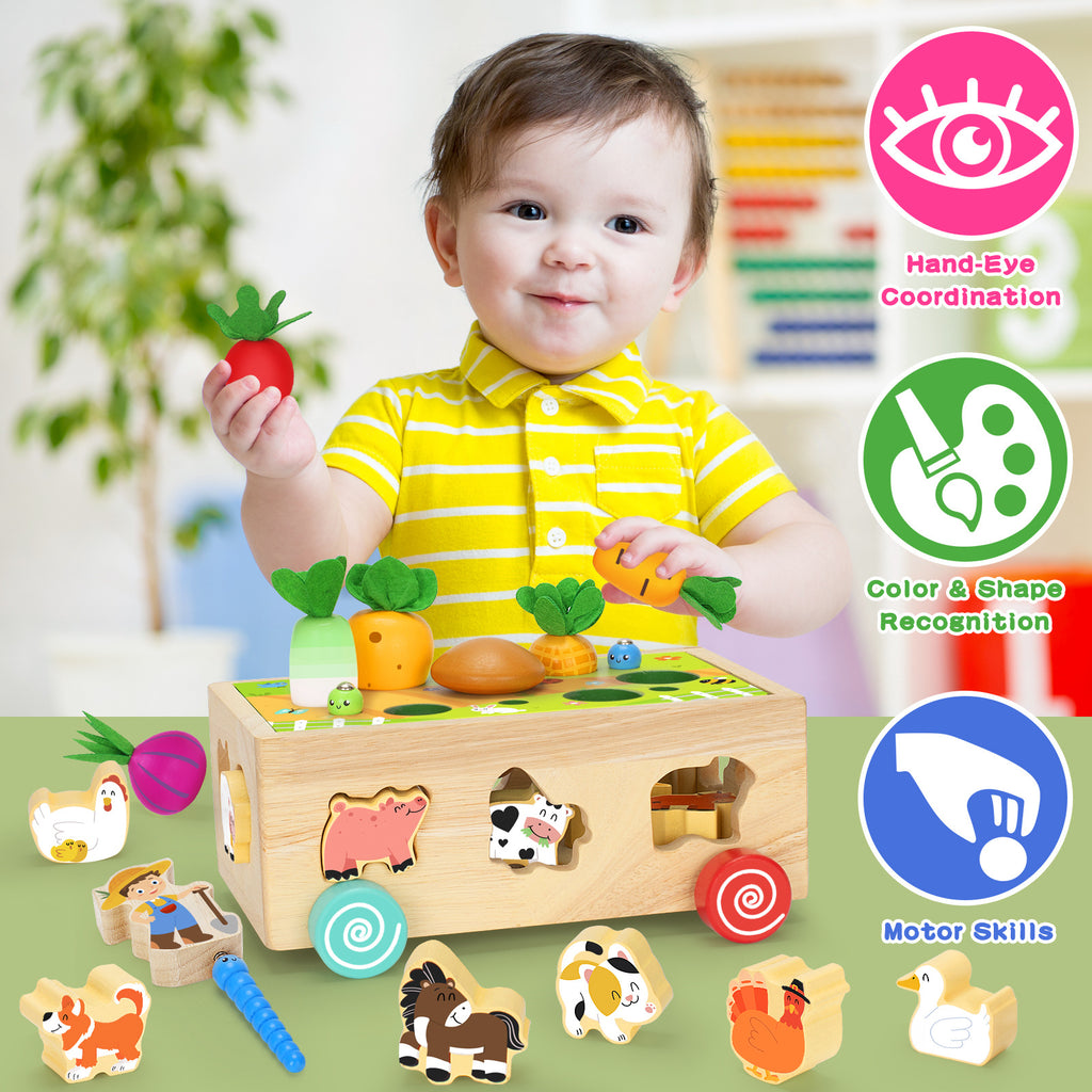 Children's educational toy building blocks, car, farm, radish pulling, insect catching, wooden shape matching box, 0-3-6 years old