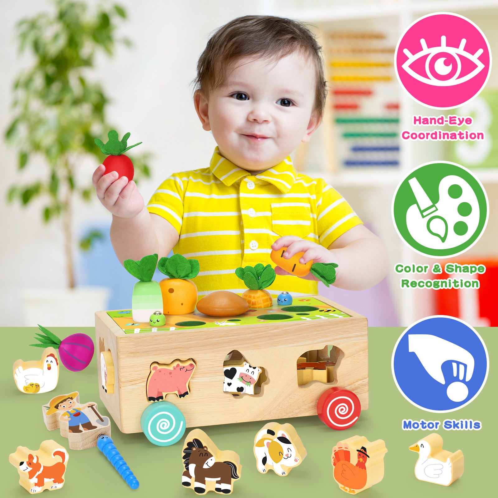 Children's educational toy building blocks, car, farm, radish pulling, insect catching, wooden shape matching box, 0-3-6 years old