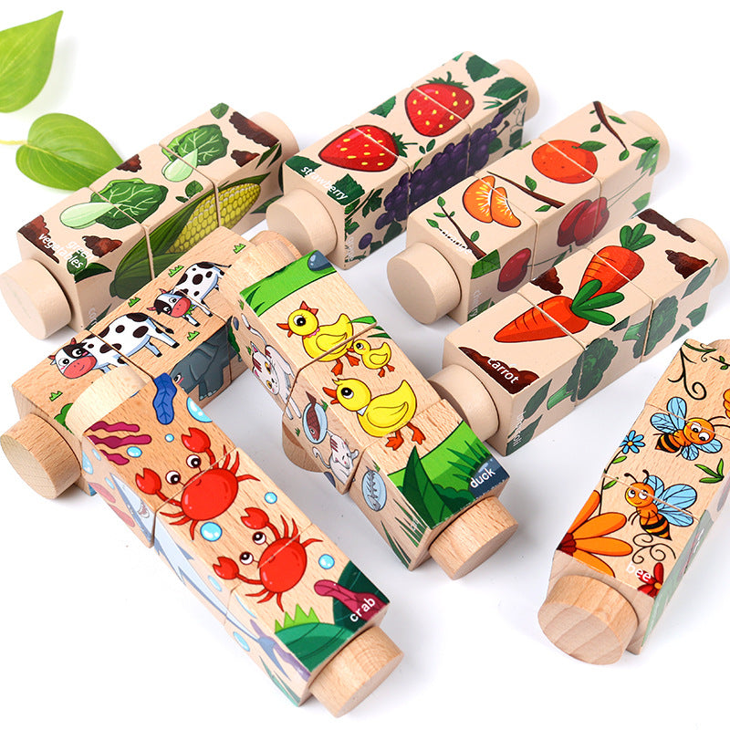 Cross-border beech wood toy rotating puzzle for toddlers, basic and simple animal, fruit and vegetable early education cognitive matching.