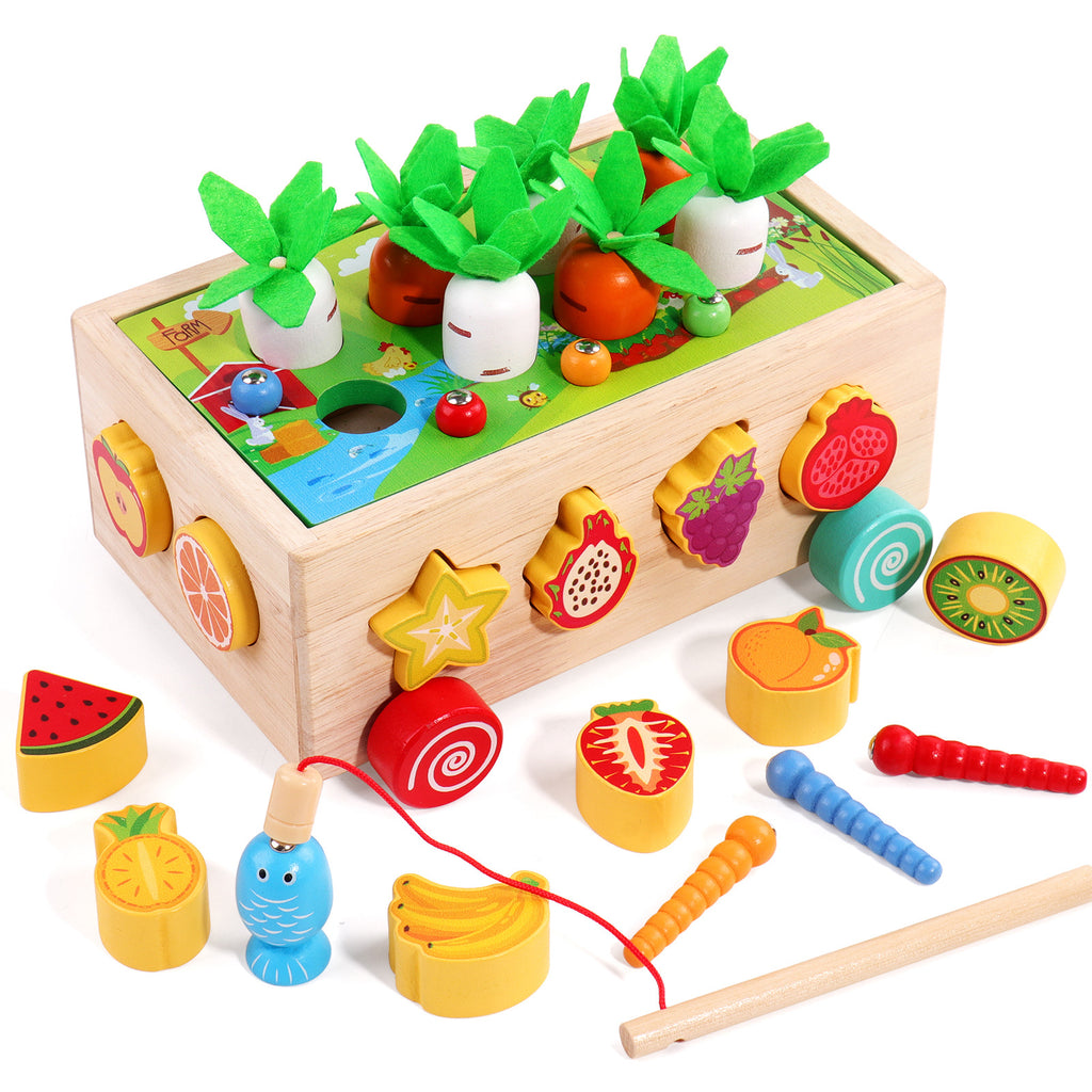 Children's educational toys: building blocks, radish pulling, fishing, insect catching, wooden shape matching box for ages 0-3-6