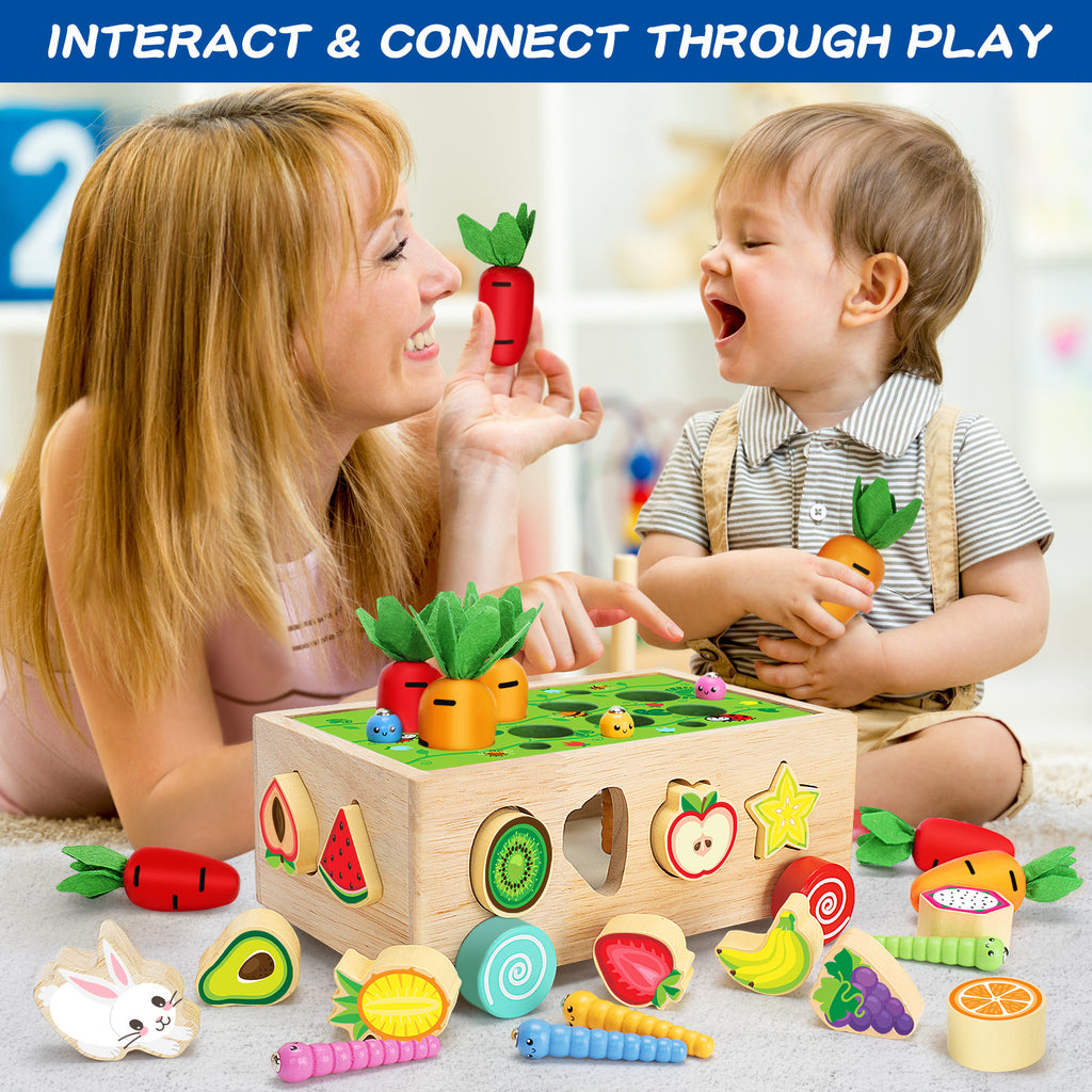 Children's wooden toys, baby educational building block car, fruit shape matching box, carrot pulling car, 1-3-6 years old