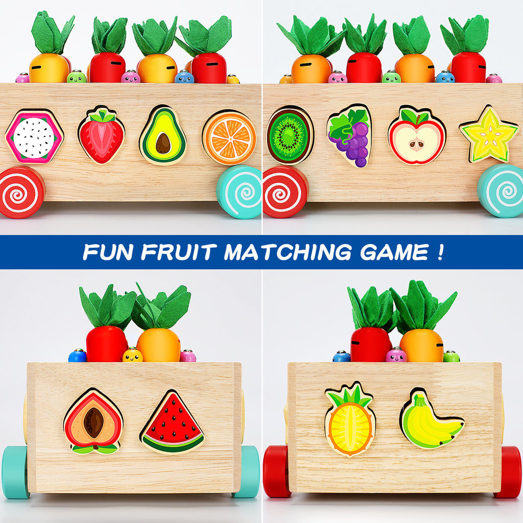 Children's wooden toys, baby educational building block car, fruit shape matching box, carrot pulling car, 1-3-6 years old
