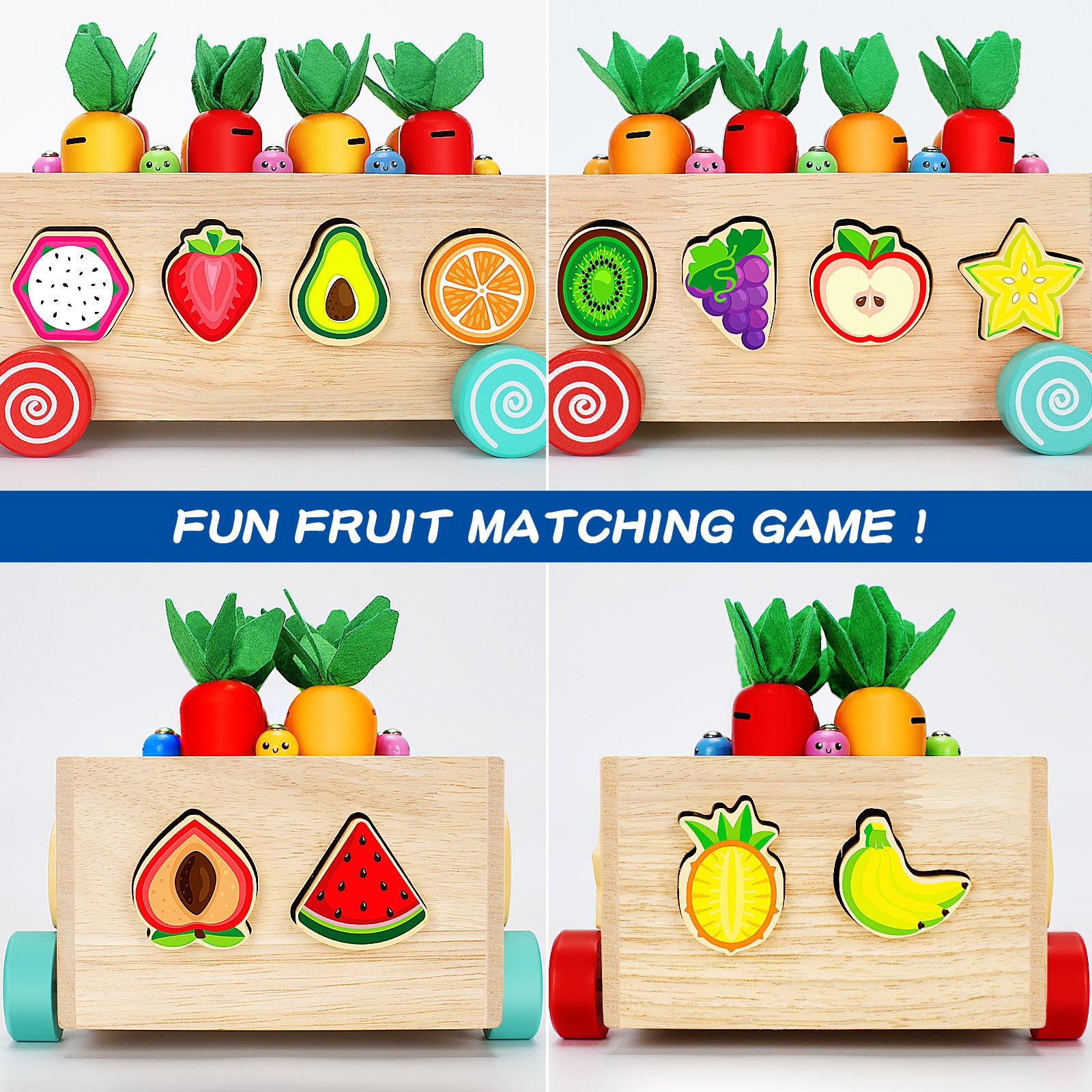 Children's wooden toys, baby educational building block car, fruit shape matching box, carrot pulling car, 1-3-6 years old