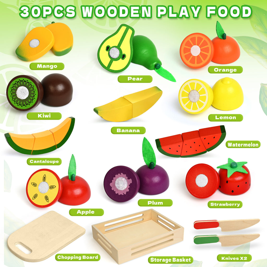 Wooden pretend play fruit and vegetable cutting game, simulated kitchen early education toy for children aged 0-3-6.