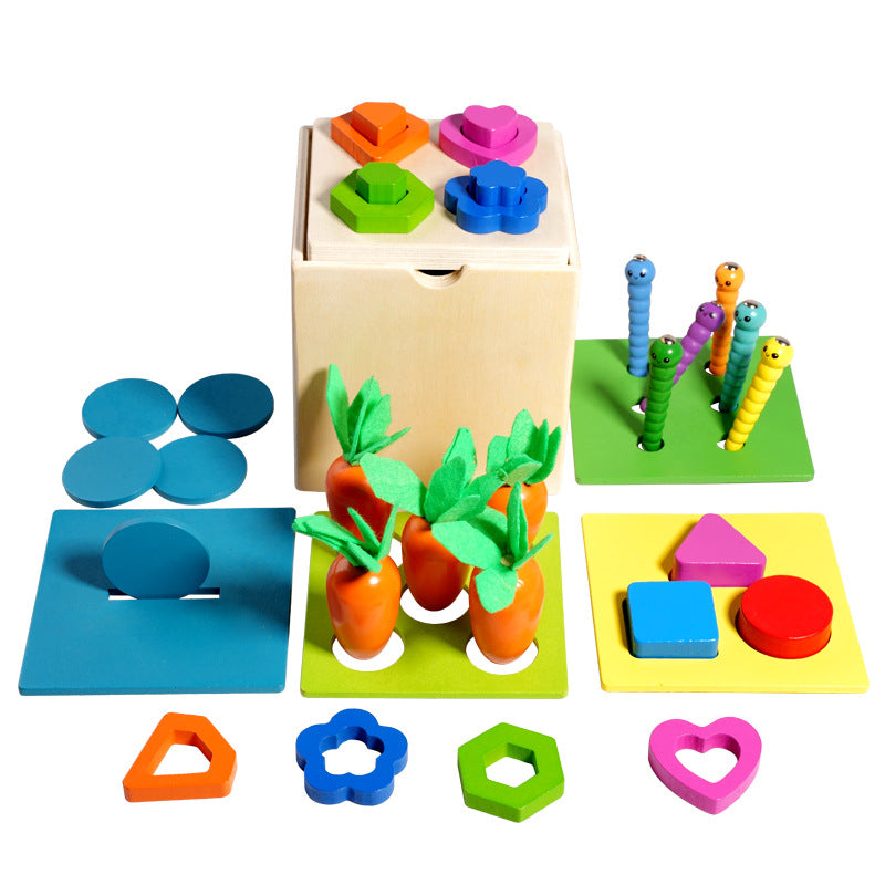 Children's wooden insect-catching game, carrot-pulling educational toy, storage multi-functional box, interlocking building blocks, shape matching