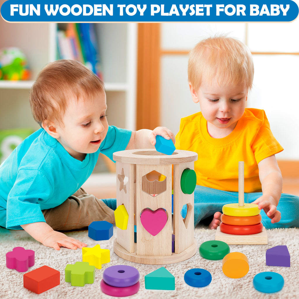 Children's wooden large-particle building block shape matching cylinder color recognition intelligence box stacking ring tower educational toy