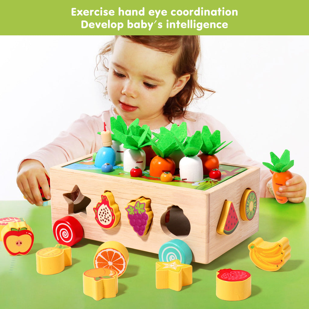 Children's educational toys: building blocks, radish pulling, fishing, insect catching, wooden shape matching box for ages 0-3-6