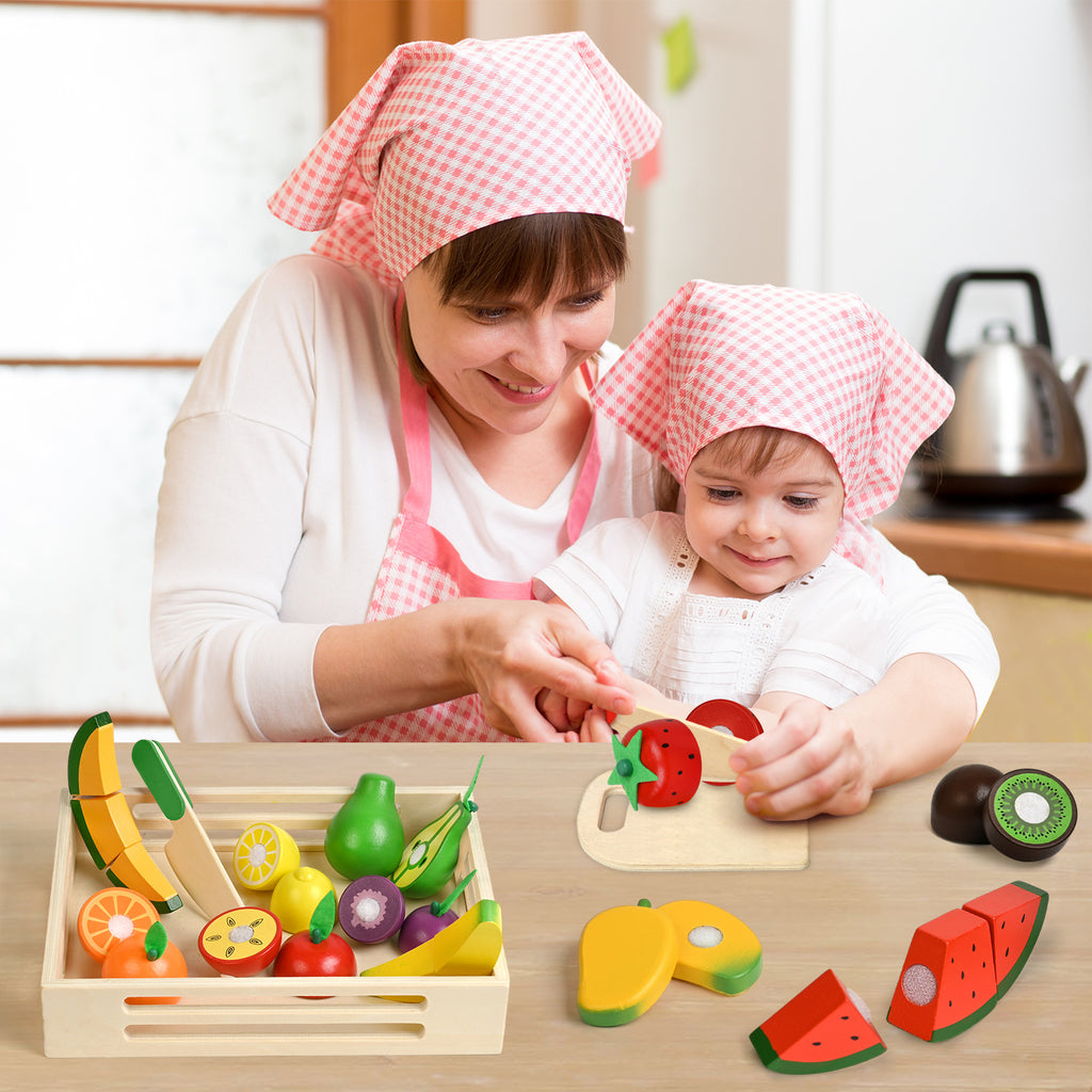 Wooden pretend play fruit and vegetable cutting game, simulated kitchen early education toy for children aged 0-3-6.