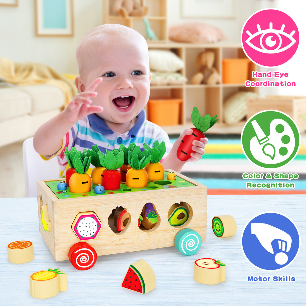 Children's wooden toys, baby educational building block car, fruit shape matching box, carrot pulling car, 1-3-6 years old