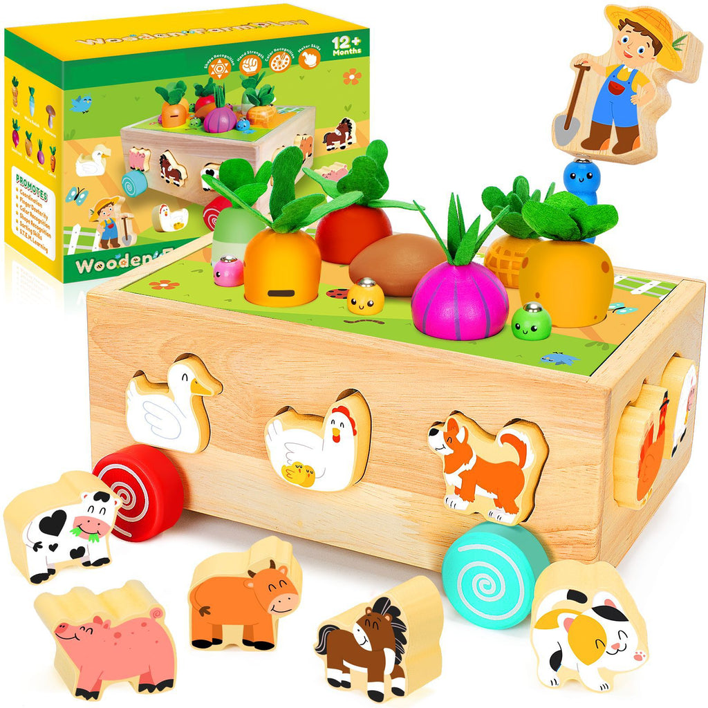 Children's educational toy building blocks, car, farm, radish pulling, insect catching, wooden shape matching box, 0-3-6 years old
